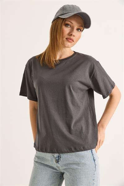 Bisiklet Yaka Kısa Kollu Fit Tshirt Füme