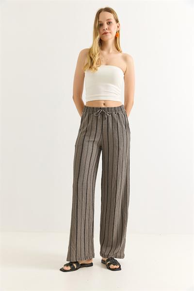 Bürümcük Çizgili Rahat Kesim Pantalon Füme