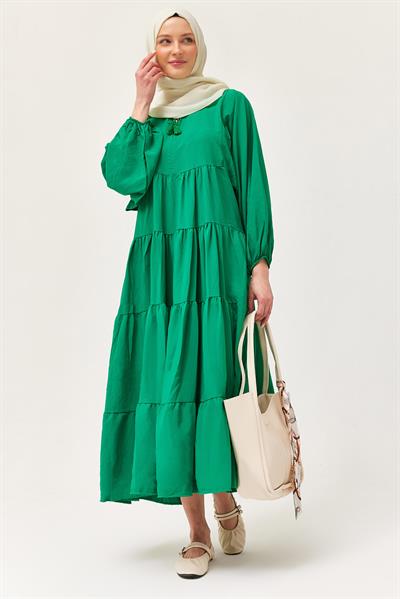 Yakası İpli Kat Model Elbise Yeşil