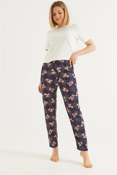 Ayıcık Basklı Ekose Desen Pijama Altı Lacivert