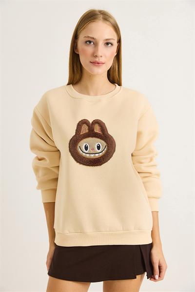 Kadın Labubu İşlemeli Üç İplik Sweatshirt Bej