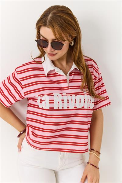 Polo Yaka Çizgili Baskılı Kısa Kollu Tshirt 