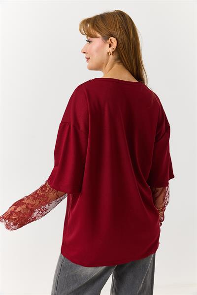 Kadın Kolu Tül Detaylı Oversize Tshirt Bordo