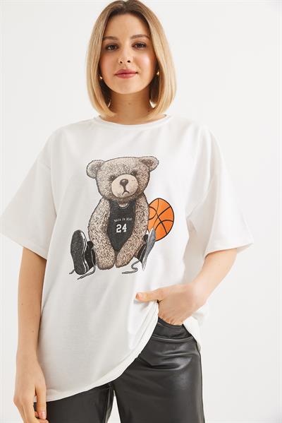 Ayıcık Baskılı Bisiklet Yaka Tshirt Beyaz