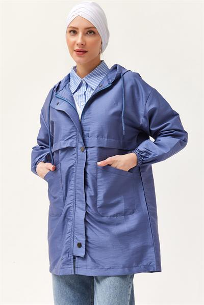 Çıtçıtlı Kapüşonlu Yağmurluk Mavi