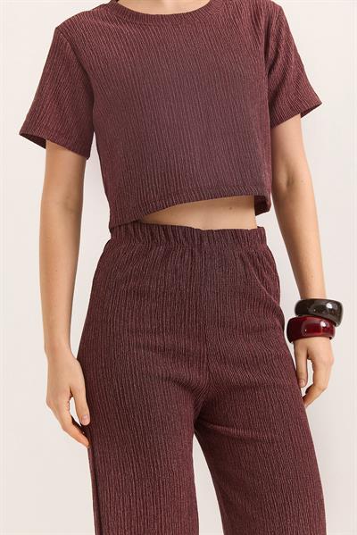 Bürümcük Kumaş İkili Crop Takım  Bordo