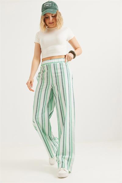 Beli Lastikli Rahat Kesim Keten Pantolon Yeşil