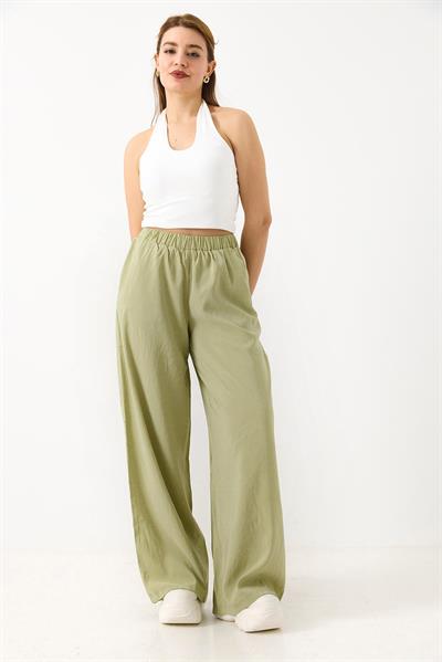 Kadın Taş Detaylı Bol Kesim Keten Görünümlü Pantolon Yeşil