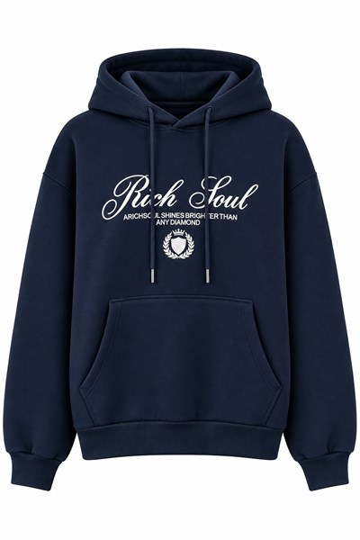 Kadın Baskılı Oversize Kapüşonlu Cep Detay Sweatshirt Lacivert