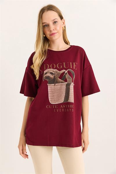 Baskılı Bisiklet Yaka Basic Tshirt Bordo