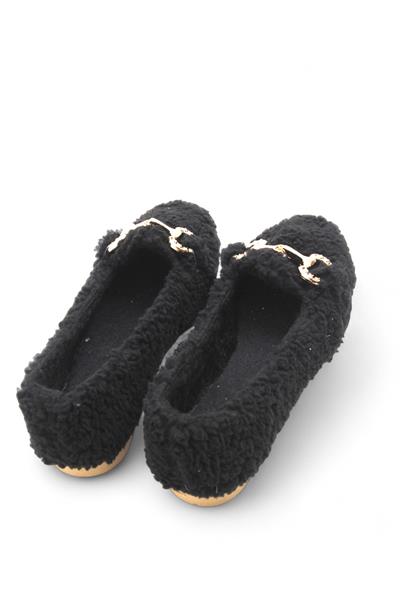Kadın Aksesuarlı Peluş Siyah Ev Ayakkabısı
