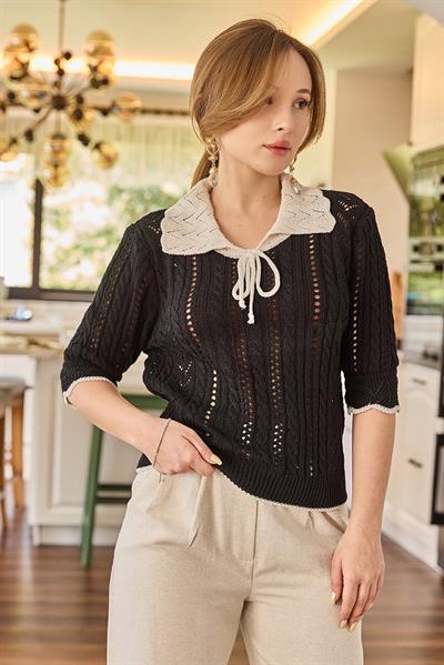 Polo Yaka Ajurlu Triko Bluz Siyah