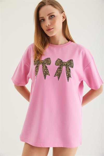 Kurdele Baskı Detaylı Basic Tshirt Pembe