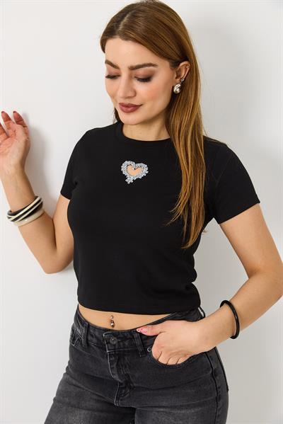 Kadın Taşlı Kalp Detaylı Crop  Bluz  Siyah
