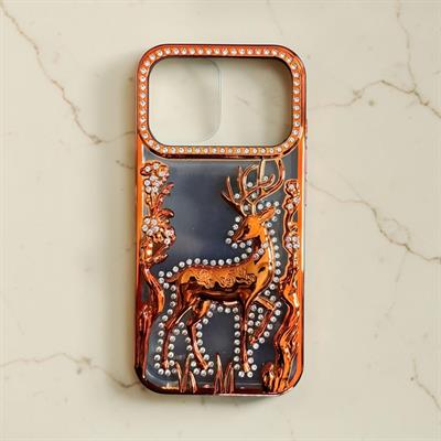 İphone 17 Pro Uyumlu Geyik ve Çiçek Kabartmalı Kılıf Turuncu