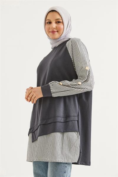 Kolu Ve Eteği Gömlek Garnili Tunik  Gri
