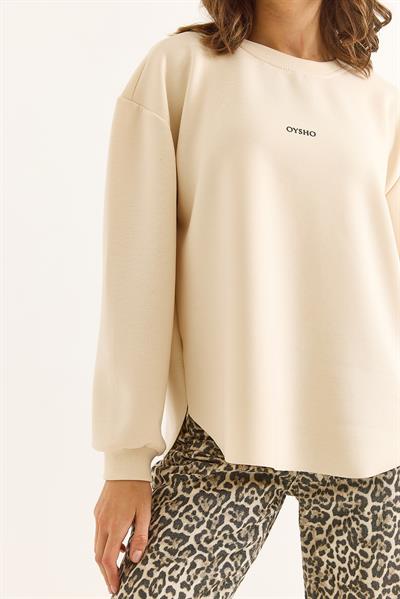 Kadın Modal Kumaş Yazı Baskılı Bej Sweat