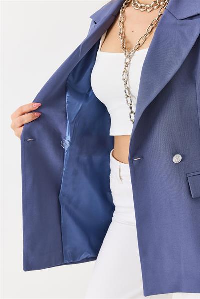 Kadın Kruvaze Yaka Çift Düğmeli Blazer Ceket İndigo