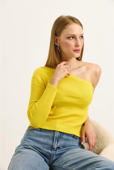 Tek Omuz Fitilli Kaşkorse Kadın Bluz Sarı