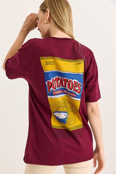 Rahat Kesim Baskılı Kadın Tshirt Bordo