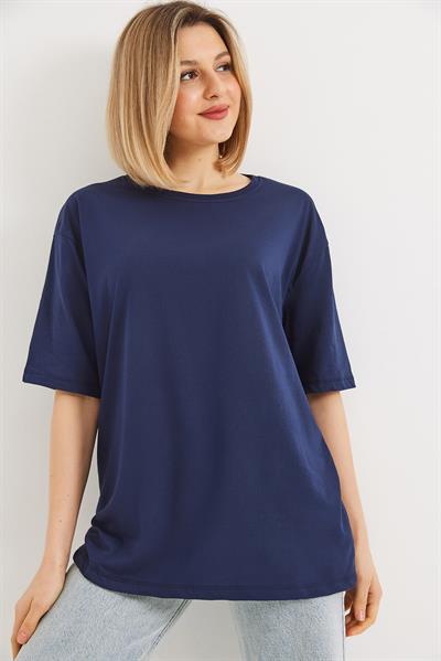 Oversize Bisiklet Yaka Basic Tshirt Lacivert
