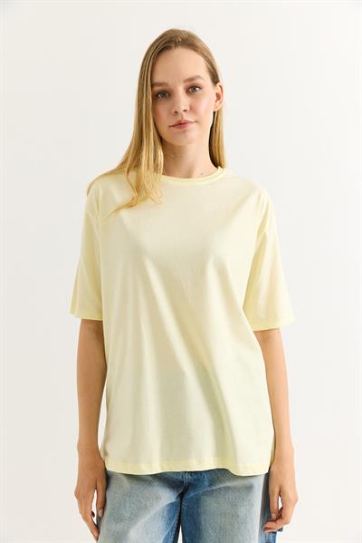 Oversize Bisiklet Yaka Basic Tshirt Sarı