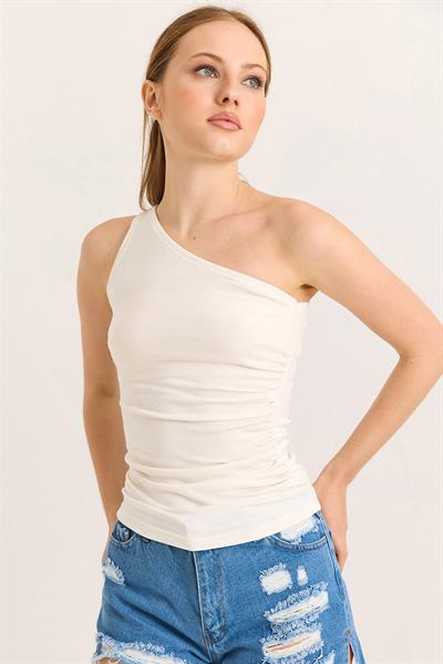 Tek Omuz Esnek Kumaş Bluz Ekru