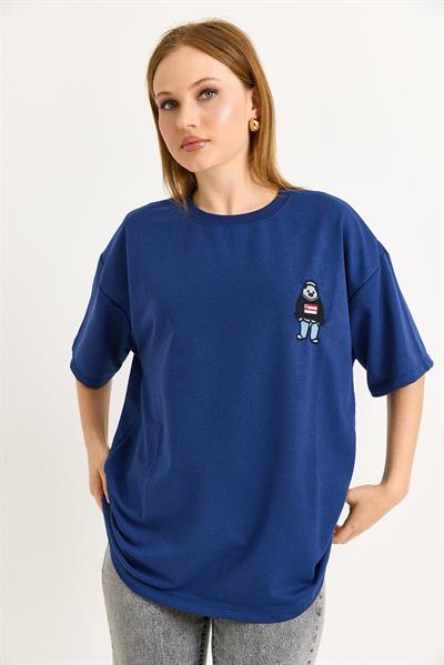 Nakışlı Bisiklet Yaka Tshirt  Lacivert