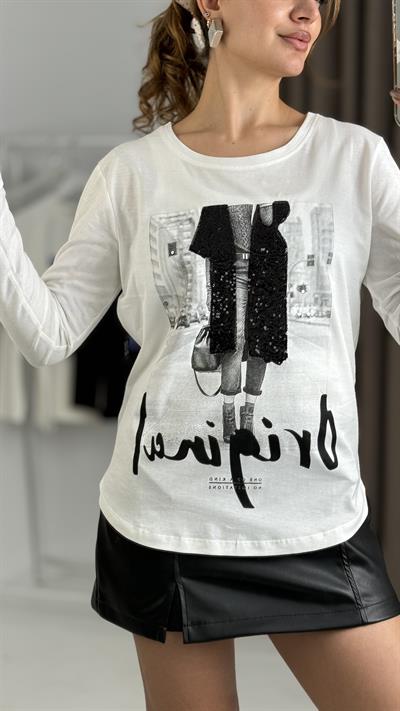 Kadın Siyah Beyaz  Pul İşlemeli Uzun Kollu Tshirt