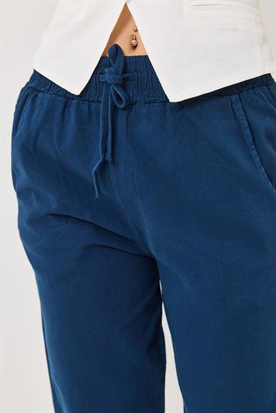Kanvas Cepli Bağcıklı Beli Lastikli Uzun Pantolon Lacivert 