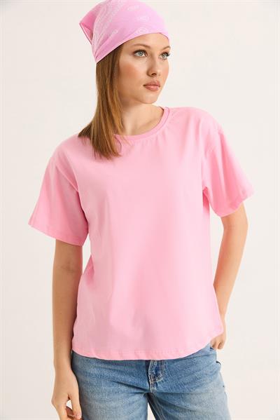 Bisiklet Yaka Kısa Kollu Fit Tshirt Pembe
