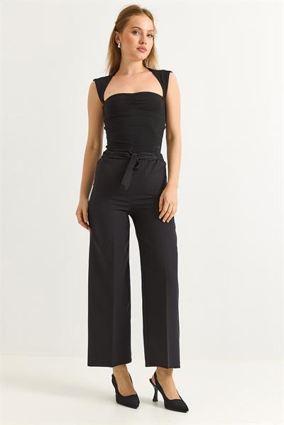 Bel Kuşaklı Bol Paça Krep Pantolon Siyah