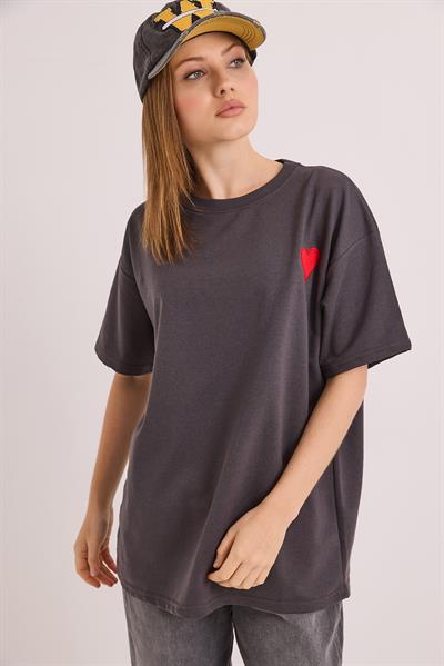 Bisiklet Yaka  Kısa Kol Basic Tshirt Füme