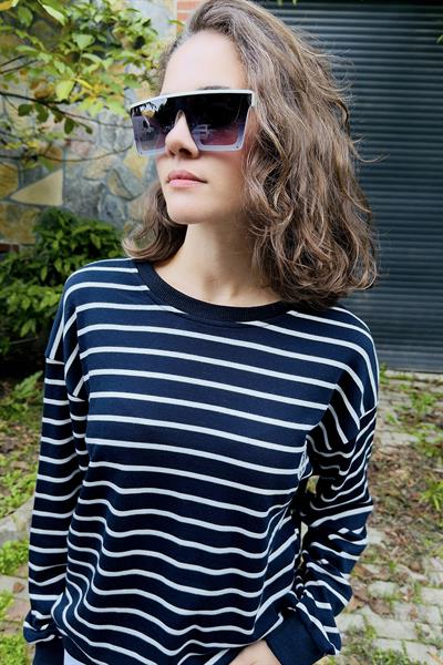 Kadın Çizgili Lacivert Sweat Şardonsuz 3 iplik