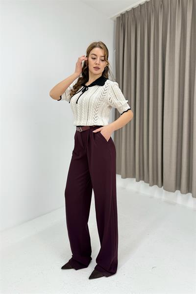 Likralı Krep Örme Kumaş Kemerli Salaş Pantolon Mürdüm