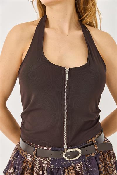 Dalgıç Kumaş Çift Fermuar Detaylı Askılı Bluz