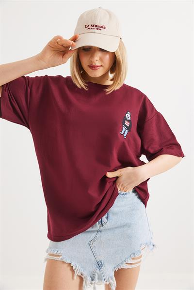 Nakışlı Bisiklet Yaka Tshirt Bordo