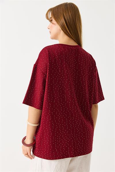 Kadın Taş Detaylı Bisiklet Yaka Oversize Tshirt Bordo