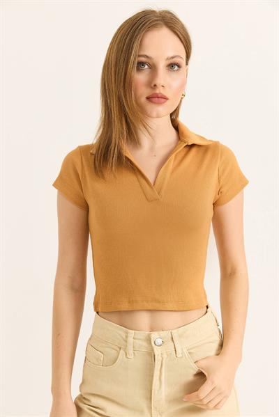 Polo Yaka Basıc Kısa Kollu Örme Kaşkorse Crop Bluz Taba