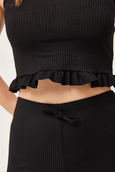 Askılı Fırfırlı Şortlu Takım Siyah