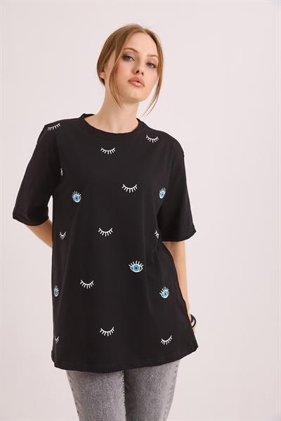 Göz Baskılı Oversize Pamuk Süprem Tshirt Siyah