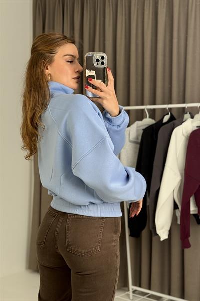 Kadın Fermuarlı Dikiş Detaylı Sweat Mavi