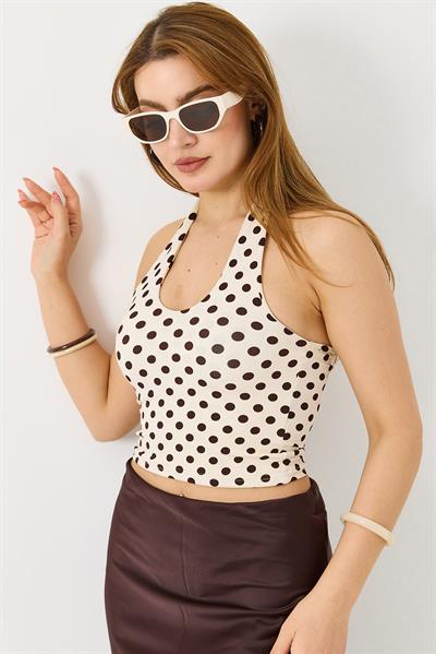 Kadın Boyundan Askılı Puantiyeli Crop Bluz Krem