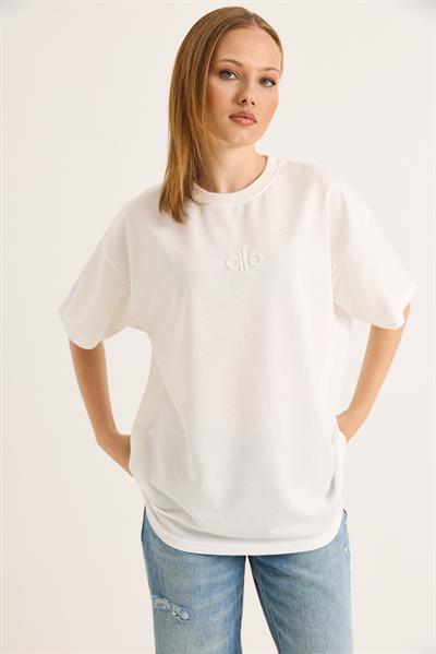 Alo Nakışlı Oversize Unisex Tshirt Beyaz