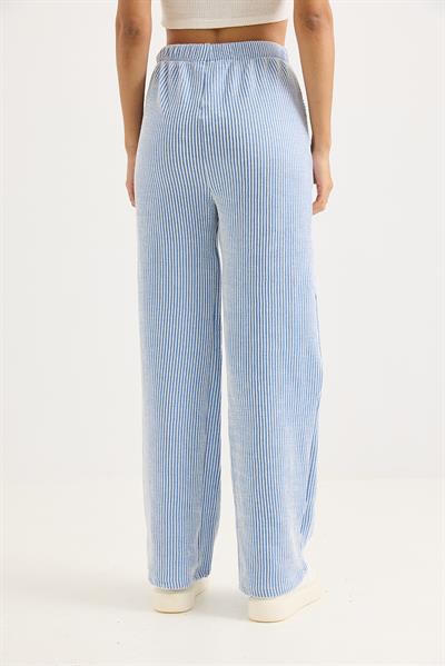 Belden Bağlamalı Geniş Paça Çizgi Desenli Pantolon Mavi