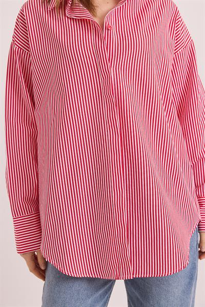 Çizgili Oversize Basic Gömlek Kırmızı