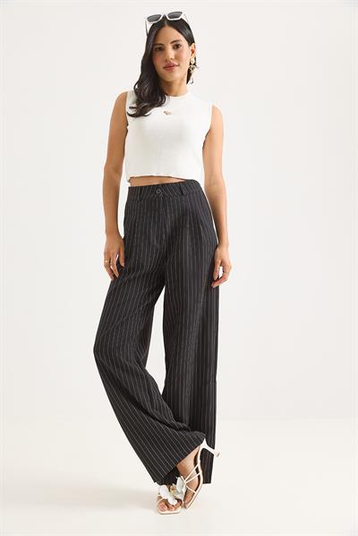 Çizgi Desenli Bol Paça Yüksel Bel Pantolon Siyah