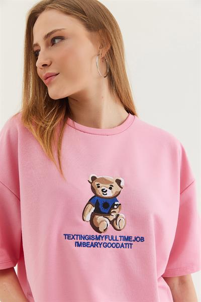 Bisiklet Yaka Oversize T-Shirt Pembe
