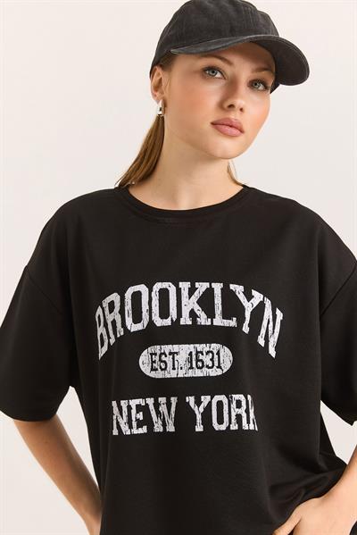 Oversize İki İplik Brooklyn Baskılı Siyah Tshirt