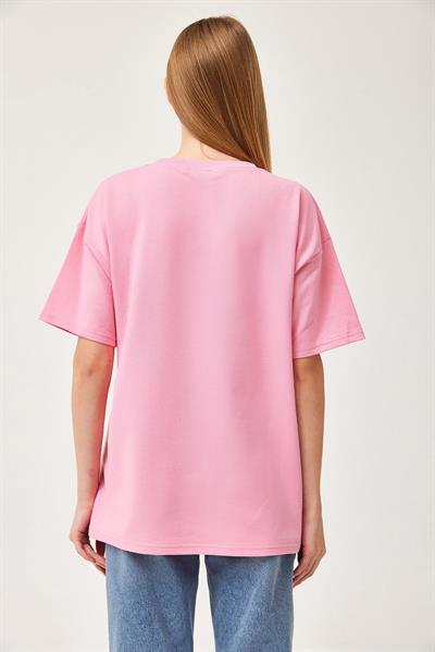 Basic Bisiklet Yaka Tshirt Pembe
